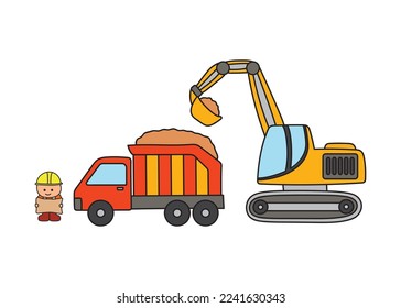 ilustración vectorial de niños de color dibujado a mano unidad de construcción camión de vertederos con excavadora y trabajador de construcción sosteniendo un mapa