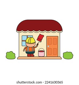 vector illustration of Hand drawn color children construction worker painting house