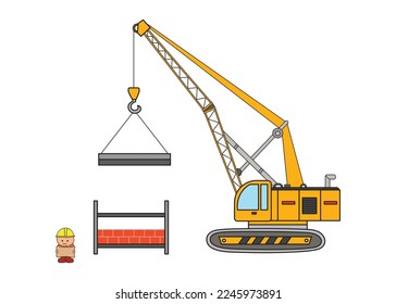 vector illustration Hand drawn color children construction set crane machine excavator and construction worker holding a map