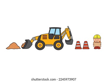 vector illustration Hand drawn color children construction backhoe and construction worker holding a map