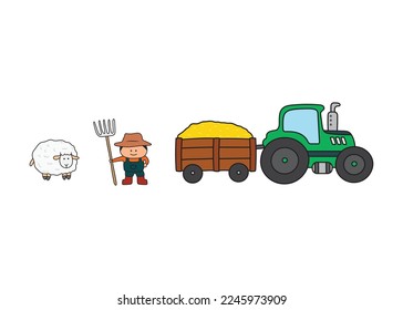 ilustración vectorial Niños de color dibujado mano Transportador de heno Tractor con granjero y oveja