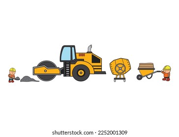 vector illustration Hand drawn color children construction set of construction worker with road roller and cement mixer