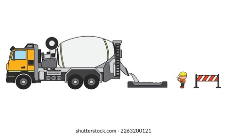 Vector illustration Hand drawn color children construction vehicle cement mixer truck and construction worker clipart