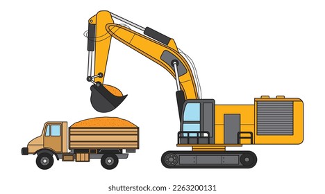 Vector illustration Hand drawn color children construction medium size excavator with dump truck clipart