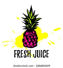 Vector illustration of a hand drawn colorful pineapple isolated on white. Fresh juice text. Summer quote.