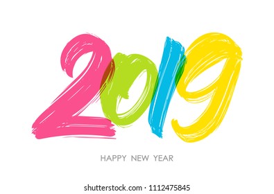 Vector illustration: Hand drawn colorful brush type lettering of 2019. Happy New Year.