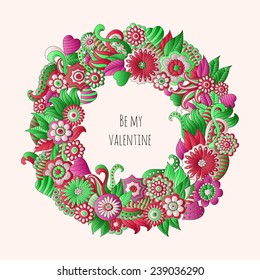Vector illustration  with hand drawn colorful fantasy plants and flowers, pattern can be used for wallpaper,  stylish love card for Valentines day.