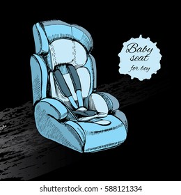 Vector illustration of hand drawn colorful baby seat, for infant in a car. Element for design. Transport for child. Isolated object child car seat. Safety for kid.