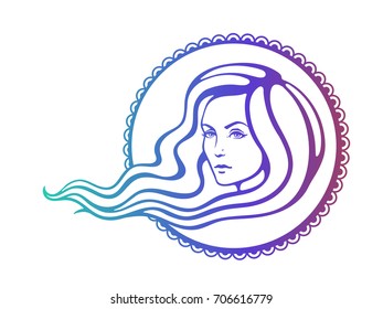 Vector illustration. Hand drawn colorful sketch of beautiful woman with long hairs that fluttering on the wind. Face of young girl at boho style. Fashion and hairstyle. Isolated on white background