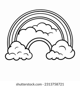 Vector illustration of a hand drawn coloring book with a rainbow and clouds