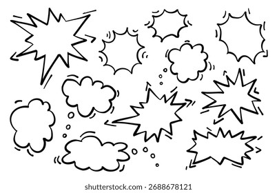 Ilustración vectorial. Dibujado a mano marcos negros cómicos, burbujas de discurso doodle.