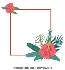 Vector illustration of hand drawn composition with tropical leaves, flowers and frame elements for cards, greeting cards, prints, posters, t-shirts design