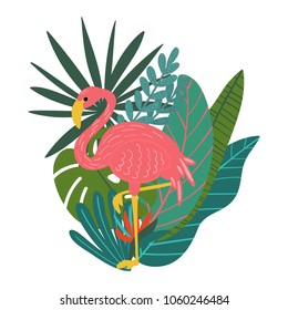 Vector illustration of hand drawn composition with tropical leaves, flowers and flamingo bird elements for cards, greeting cards, prints, posters, t-shirts design
