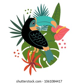 Vector illustration of hand drawn composition with tropical leaves, flowers and toucan bird elements for cards, greeting cards, prints, posters, t-shirts design