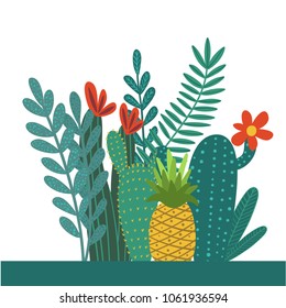 Vector illustration of hand drawn composition with tropical leaves, flowers and cacti elements for cards, greeting cards, prints, posters, t-shirts design