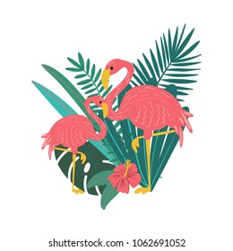 Vector illustration of hand drawn composition with tropical leaves, flowers and flamingo birds for cards, greeting cards, prints, posters, t-shirts design