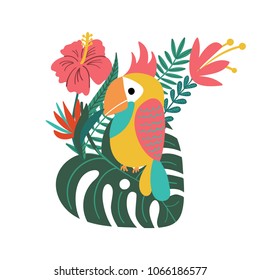 Vector illustration of hand drawn composition with tropical leaves, flowers and parrot for cards, greeting cards, prints, posters, t-shirts design