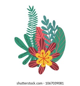 Vector illustration of hand drawn composition with tropical leaves and flowers elements for cards, greeting cards, prints, posters, t-shirts design