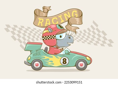 Vector illustration in hand drawn concept, cartoon funny rhino in racer costume on racing car