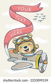 Vector illustration in hand drawn concept, cartoon teddy bear on vintage airplane pulling banner