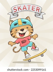 Vector illustration in hand drawn concept, cartoon funny cat in skater costume playing skateboard