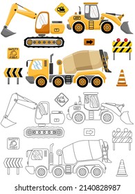 Vector illustration of hand drawn construction vehicles with construction signs. Coloring book or page