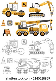 Vector illustration of hand drawn construction vehicles with construction signs. Coloring book or page