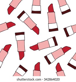 Vector illustration. Hand drawn cosmetics lipsticks. Seamless pattern with beauty items on the white background. Useful for design, templates, invitations, scrapbooking