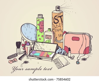vector illustration of a hand drawn cosmetics, make up and other accessories for beauty and body care