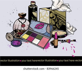 vector illustration of hand drawn cosmetics and make up on a dirty background