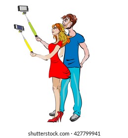 vector illustration of a hand drawn couple taking selfies on the phones
