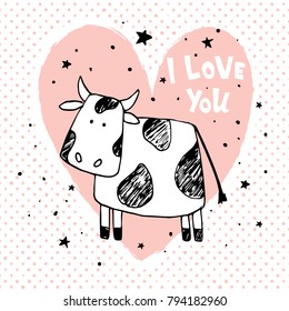 vector illustration, hand drawn cow illustration, pink heart, hand lettering i love you text