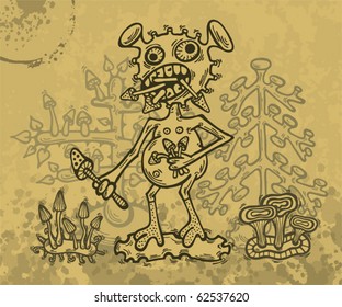 Vector illustration of hand drawn crazy magic mushroom monster