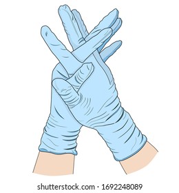 Vector illustration of hand drawn crossed hands in blue surgical gloves isolated on white background. Prevention disease spreading concept