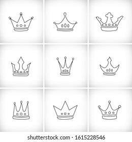 Vector illustration. Hand drawn crowns set. Vignette background. Beauty and fashion shopping concept.