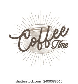 vector illustration of a hand drawn cup of coffee with writing