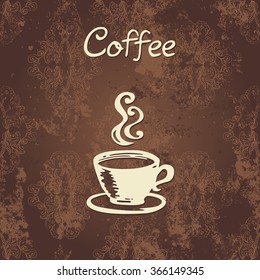 Vector illustration of hand drawn cup of coffee on brown seamless textured background. Element for your design. Vintage old grungy coffee background. EPS 10