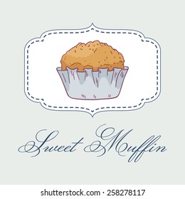 Vector illustration of hand drawn cupcake. Pastry shop label. Template for design