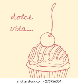 Vector illustration of hand drawn cupcake with cherry on the top.