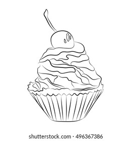 vector illustration of hand drawn cupcake with cherry on top. EPS
