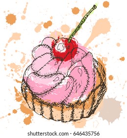 Vector illustration, hand drawn cupcake with whipped cream and cherry, multicolored stains and sprays