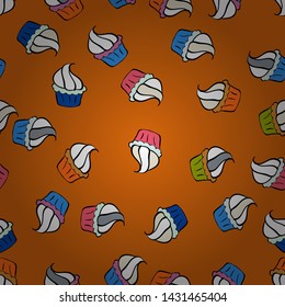 Vector illustration. Hand drawn cupcakes. Vector cupcake illustration. Doodle cakes with cream. Cute birthday pattern on black, orange and white.