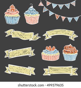Vector illustration, hand drawn cupcakes, flags and banners set. Perfect for menus, invitations, decor for restaurants, birthdays and weddings. Isolated on blackboard background