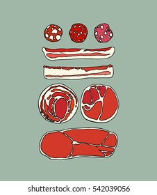 Vector illustration of  hand drawn cured meat slices made in vintage style.  Beautiful food design elements, perfect for any business related to the food industry.