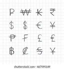 Vector illustration of a hand drawn currency signs.