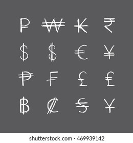 Vector illustration of a hand drawn currency signs.