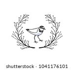 Vector illustration of hand drawn cute shorebird in floral laurel. Beautiful animal design elements, ink drawing, logo template