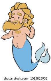 Vector Illustration of a hand drawn cute sketchy merman graphic, isolated on white.