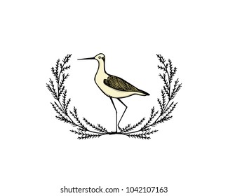 Vector illustration of hand drawn cute stilt in floral laurel. Beautiful animal design elements, ink drawing, logo templates