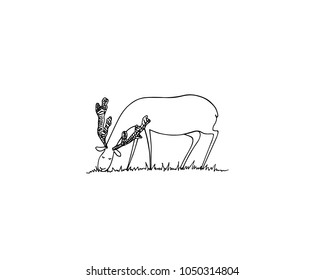 Vector illustration of hand drawn cute grazing deer. Beautiful ink drawing, sketch style. Perfect design elements, animal illustration